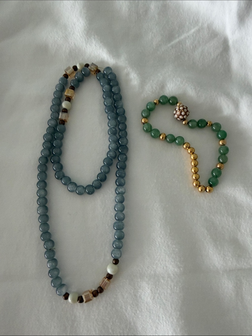 Elegant Beaded Necklace Set in Blue and Green with Gold Accents